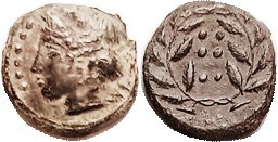 Æ16 (Hemilitron), 420-408 BC, Nymph hd l./6 pellets in wreath, S1110; VF, minima...