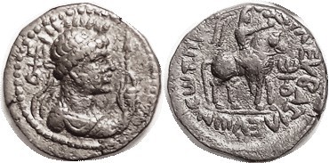 KUSHANS, "Soter Megas" 55-105 AD, Æ Tet, KMing's bust r, hldg scepter/King on ho...