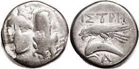 ISTROS , Stater or Drachm, 400-350 BC, Two facg hds, right inverted/Eagle atop dolphin, A below, S1669 (£225); AF, centered, flake off flan at obv edg...