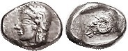 KEBREN , Diobol, 5th cent BC, Apollo head l./ram head left in incuse square; VF,...