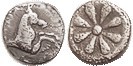 KYME , Hemiobol, c.350 BC, Horse forepart r/rosette, S4177 (£85); F-VF, perfectly centered, mild graininess but boldly clear. (A VF with sl porosity b...