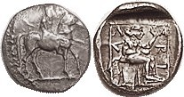 LARISSA , Trihemiobol, 460-440 BC, horseman r/Nymph Larissa std r, in incuse squ...
