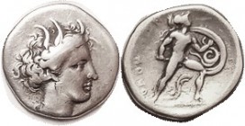 LOKRIS Opuntia , Hemidrachm or 1/4 Stater, 369-338 BC, Persephone head r/ Ajax strutting rt, helmet crest below (rare variety), as S2330 (£125); F-VF,...