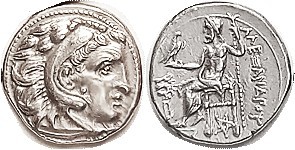 -- Drachm, of Kolophon, Herakles head r/Zeus std l, at left lion head above B, p...