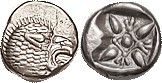 -- Same but lion's head rt, S3533 (£75, scarcer); VF+, obv centered low with some of head off, good strong mane detail; usual die failure at one rev e...