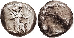 PERSIA , Siglos, 450-330 BC, King rt with spear & bow/ punch, S4682; AVF, obv well centered & struck, some wkness on bow, otherwise much detail on fig...