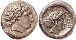 PHALANNA , Æ19, c.350 BC, Youthful male hd r/Female head in sakkos r, S2180; VF, obv well centered, rev nrly so, greenish-brown patina, minor roughnes...