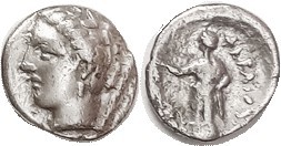 PHERAI, Hemidrachm, 4th cent BC, Hekate head l./Nymph Hypereia stg l, S2204 ( £300 ); F-VF/F, obv centered, rev sl off-ctr, bright silver with sl roug...