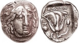 Didrachm, c.340 BC, Helios head facg sl rt/Rose, grape bunch & E; VF, obv well centered, a little crudeness, good strong face; rev sl off-ctr but comp...