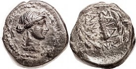 SARDEIS , Æ17, c.100 BC, Apollo hd r/club, lgnd & monogram in wreath, as S4736; VF, obv well centered, rev somewhat off-ctr, dark greenish brown patin...