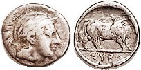 SYBARIS, under Thurioi (New Sybaris), Triobol, c. 400 BC, Athena head r/bull stg r head reverted, S433 (£150); Nice strong F+, well centered & struck,...