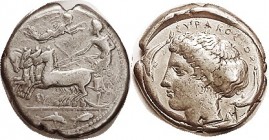 SYRACUSE, Tet, 466-405 BC, Quadriga l, Nike above, dolphin & fish below/Artemis- Arethusa head left, dolphins around, lgnd above; obv die signed by Eu...