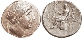 SYRIA , Antiochos I, 281-261 BC, Tet, His head r/Apollo std l, betw monograms, Seleukia on the Tigris mint, SC 379.3c; VF/F-VF, perfectly centered, on...