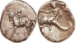 TARENTUM , Nomos, 272-240 BC, Nude youth on horse l, crowning horse, Lambda-K right/ Taras on dolphin l, hldg kantharos; HN Italy 997; AEF/VF, oval fl...