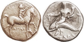 Nomos, 280-272 BC, Similar types but obv to rt; below horse A-Gamma-AO; rev torc...