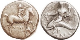 Nomos, 280-272 BC, Similar types but obv to rt; below horse A-Gamma-AO; rev torch to rt; Vlas.852; AVF, well centered, sl scrs & lt porosity, toned, b...