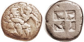 Drachm, 510-480 BC, Satyr & nymph/incuse square, S1748 (£200); F+, nrly centered, a bit porous, features clear. Interesting rev with seeming design in...