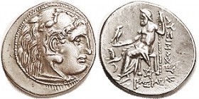 THRACE , Lysimachos, 323-281 BC, Drachm, of Kolophon, Herakles head r/Zeus std l, at left lion forepart above crescent, pentagram below seat; Pr.1832;...