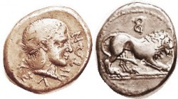 VELIA , Didrachm, 500-450 BC, Lion adv r, backwards B above/Nymph head r, lgnd below, S250 (£250), HN Italy 1275; AVF, centered on oval flan, decent m...