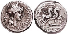 M. Cipius, 289/1. Sy.546, Roma head r/Victory in biga r, rudder below; VF, well centered on the smallish flan typical for this issue, minor scratchlik...