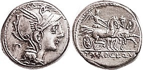 Mancinus, Pulcher, Urbinus & Moskowitz, 299/1b, Sy.570a, Roma head r/Victory in ...