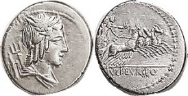 L. Julius Bursio, Cr.352/1, Sy.728, Bust of Genius r, trident & eagle (?) behind/Victory in quadriga r; VF+, sl off-ctr, good bright silver, good stri...