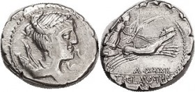 Ti. Claudius, Cr.383/1, Sy.770a, Diana bust r/Victory in biga r, A•XXXII below; serrate issue; VF, oval flan, obv centered with sl wkness at rt edge, ...
