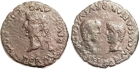TIBERIUS, DRUSUS & GERMANICUS , Æ28, Spain, Romula, Tiberius bust l./confronted ...