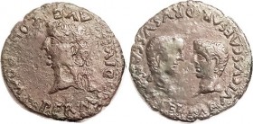 TIBERIUS, DRUSUS & GERMANICUS , Æ28, Spain, Romula, Tiberius bust l./confronted busts of Drusus & Germanicus, RPC74; F-VF, centered, lgnds nrly all vi...