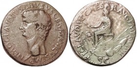NERO CLAUDIUS DRUSUS , Sest, head left/Claudius std on pile of arms (that's weapons, not limbs); F-VF, centered, full lgnds, olive-brown patina, sl un...