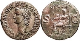 CALIGULA , As, Bust l./VESTA std l; VF+, well centered & struck with full strong lgnds; green-brown patina, generally smooth with only slightest surfa...