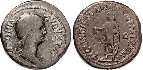 ANTONIA , Dup., Her bust r/Claudius stg l; Bold F, obv sl off-ctr but full clear...