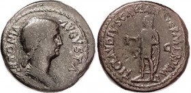 ANTONIA , Dup., Her bust r/Claudius stg l; Bold F, obv sl off-ctr but full clear lgnds, decent dark patina, portrait quite strong. (A F with lt corr b...
