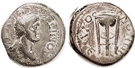 DOMITIA , Thyatira, Æ16, Head r/tripod, F-VF, a bit off-ctr, some of lgnds wk/crowded (name clear), smooth dark green patina with hilighting on rev. R...