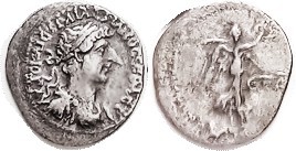 Caesarea, Hemidrachm, Nike adv r, ET-Delta, F-VF, somewhat off-ctr, full tho crude obv lgnd, minor traces of graininess, portrait with exceptionally l...