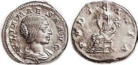 JULIA MAESA , Den, PVDICITIA std l; EF/VF, centered, obv sharply struck with every hair on portrait defined; rev lgnd soft; good metal with much luste...