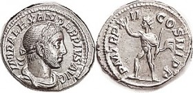 SEVERUS ALEXANDER , Den, PM TRP XII COS III PP, Sol adv l; Choice EF, nrly mint state, well struck with sharp hair & beard detail, good lustery silver...