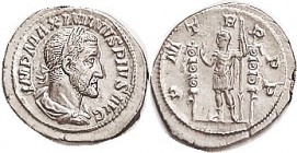 MAXIMINUS I , Den, PM TRP PP, Ruler stg & 2 standards; Choice EF, nrly centered on large oval flan, well struck, bright lustrous silver. (A Choice EF ...