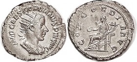 GORDIAN III , Ant, CONCORDIA AVG, Concord std l; EF, practically mint state, centered on a large ragged flan, a little flatness at edge but otherwise ...