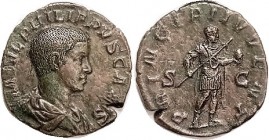 PHILIP II , As Caesar, Sest, PRINCIPI IVVENT, Philip stg r, AEF/VF+, centered on a round flan, lgnds complete, sm edge split, olive-brown npatina, min...