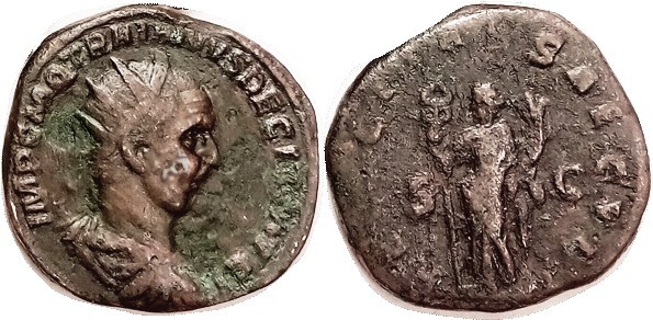 TRAJAN DECIUS , DOUBLE SEST., FELICITAS SAECVLI, Felicitas stg l; F+/VG, brown p...