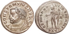 CONSTANTIUS I , Follis, Bust left carrying spear /GENIO POPVLI ROMANI, Genius stg l, altar , A/PLC, EF, obv perfectly centered & well struck, rev has ...