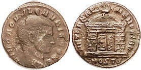 ROMULUS , 1/4 Follis, AETERNAE MEMORIAE, Eagle atop temple, MOSTS; F/VF, centered, complete tho crudish lgnds, brown patina, a bit of obv roughness. F...