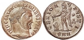 MAXIMINUS II , As Aug, Follis, GENIO AVGVSTI, Genius stg l, at flaming altar, SMN; Choice EF, well centered & struck, toned silvered surfaces. (An EF ...
