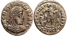 GRATIAN , Æ3, GLORIA ROMANORVM, Ruler hldg labarum & dragging captive, Delta-SISCE; AEF, perfectly centered, good strike with full clear lgnds, smooth...