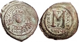 Follis, S223, Facg bust/THEUP, Year XXXu-Gamma; VF, centered on large unround flan, some flat striking at obv upper right, contrasting green-&-brown p...