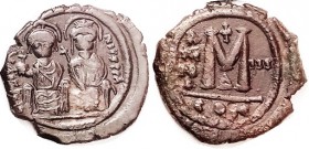 JUSTIN II , Follis, S360, CON-III-Delta, AVF, obv sl off-ctr on ragged flan, brown patina, rev has sl crudeness/roughness, much detail on obv figures....