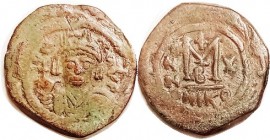 Follis, S512, Facg bust/NIKO-X-B, F-VF, centered, small dies on large flan, brown patina with some green overlay, somewhat crude, bold face on portrai...