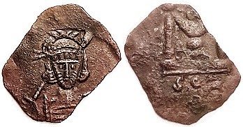 CONSTANTINE IV , Follis, S1210, Facg bust with spear/Large M, VF/F, thin oblong ...