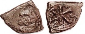 JUSTINIAN II, 1/2 Follis, S1262, nrly centered on triangular flan, F or better but overstruck & very crude, portrait fuzzy; medium brown. Rare. (A VF ...